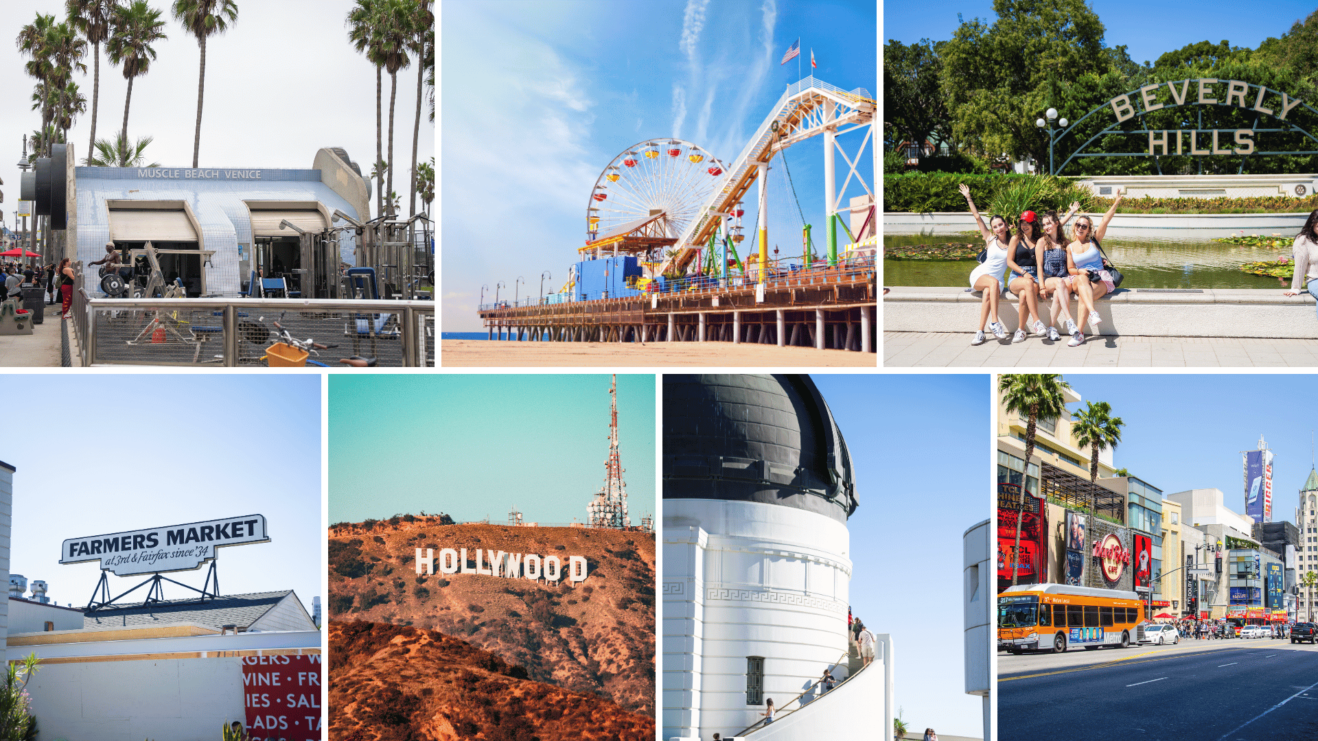 LA landmarks collage: Venice Beach, Hollywood Sign, Griffith Observatory, and Beverly Hills